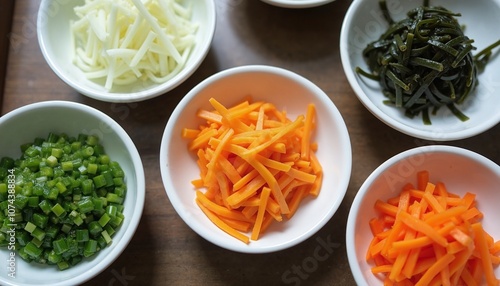 Colorful Chopped Vegetables in White Bowls for Healthy Meal Preparation photo