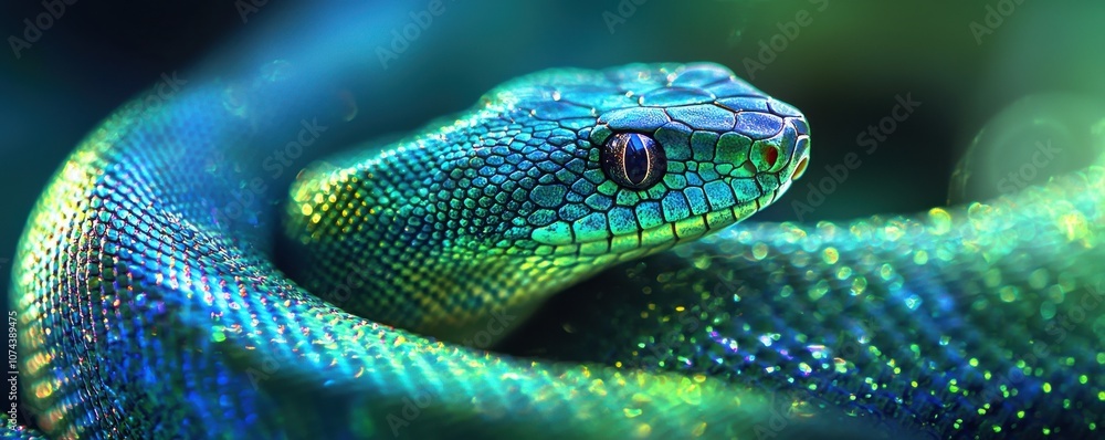 Fototapeta premium Close-up of iridescent blue and green snake scales