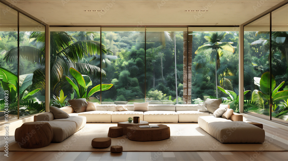 Fototapeta premium Themed living room with large glass windows version 6