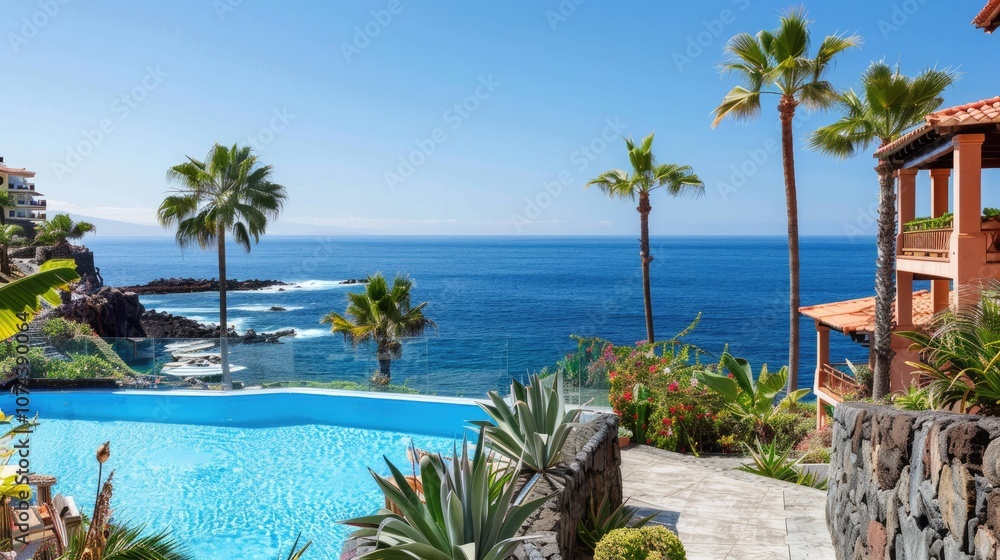 Fototapeta premium View of the terrace at the hotel with infinity swimming pool .