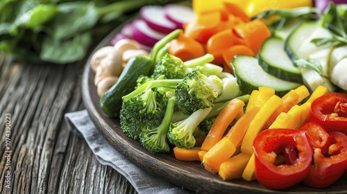 Vibrant vegetable platter without meat, showcasing rich colors, illuminated by natural light on a charming wooden table.