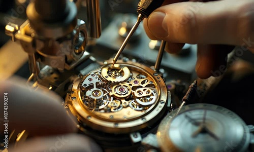 A close-up of a watchmaker repairing intricate gears inside a mechanical watch.