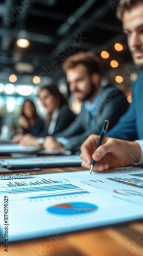 Business meeting with focus on financial charts and graphs analysis