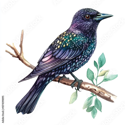 cute Starling Bird watercolor clipart illustration isolated