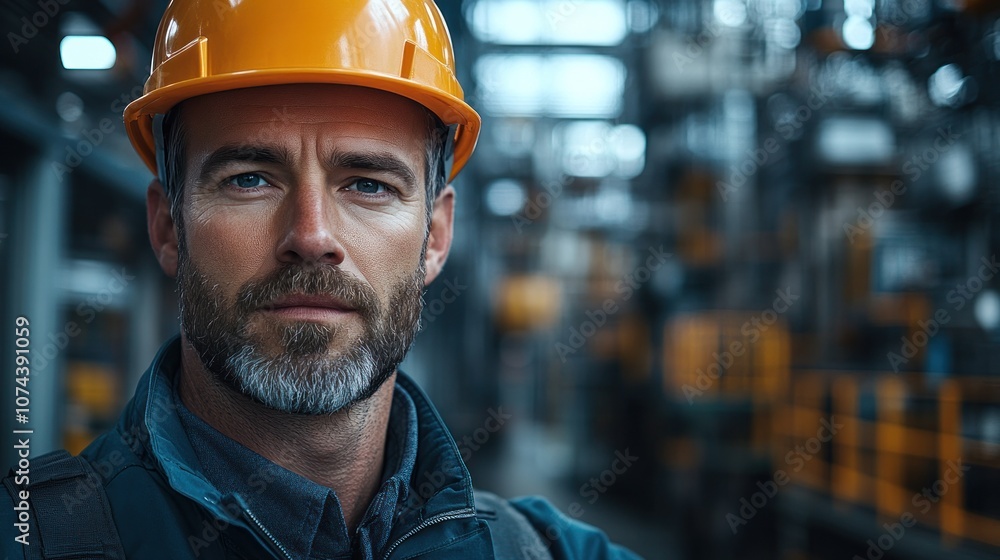 A worker in a safety helmet stands in an industrial setting. A worker in a safety helmet stands in an industrial setting.