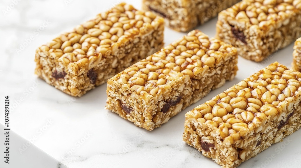 Nutrient-dense protein-packed energy bars displayed on marble, minimalist design, cool hues, contemporary vibe. Nutrient-dense protein-packed energy bars displayed on marble, minimalist design, cool hues, contemporary vibe.