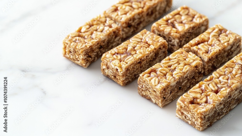 Nutrient-dense protein-packed energy bars on a marble countertop, sleek arrangement, cool colors, contemporary vibe. Nutrient-dense protein-packed energy bars on a marble countertop, sleek arrangement, cool colors, contemporary vibe.