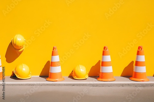 traffic cones and construction Hat 3d object set for watch out
 photo