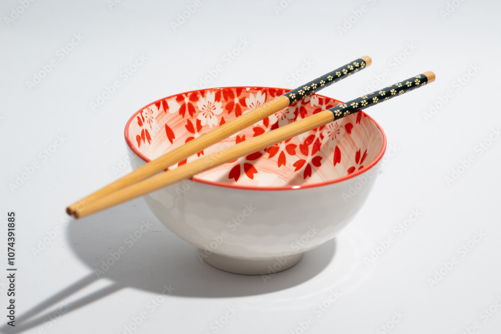 Floral pattern of chinese bowl and chopsticks on white background Floral pattern of chinese bowl and chopsticks on white background