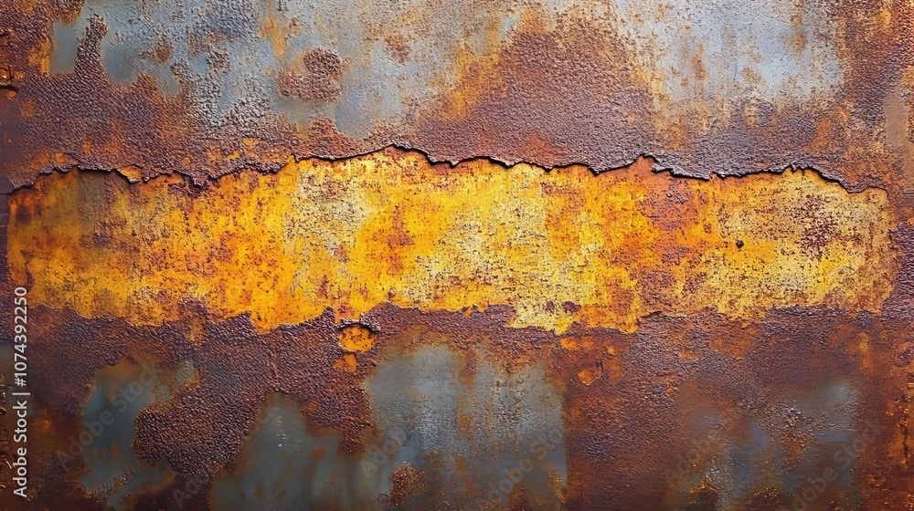 Fototapeta premium Close-up of oxidized metal surface, deep rust lines, faded yellow patches blending into rough and smooth areas, gritty industrial textures, weathered feel