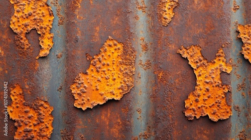 Close-up of rusted metal with corroded spots and fine textures, detailed corrosion spreading like veins, warm orange and brown industrial tones photo