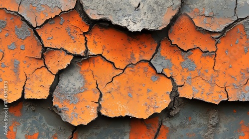 Close-up of worn metal surface, rust patterns in perfect symmetry, intricate cracking, weathered edges, vibrant shades of orange, brown, and grey photo