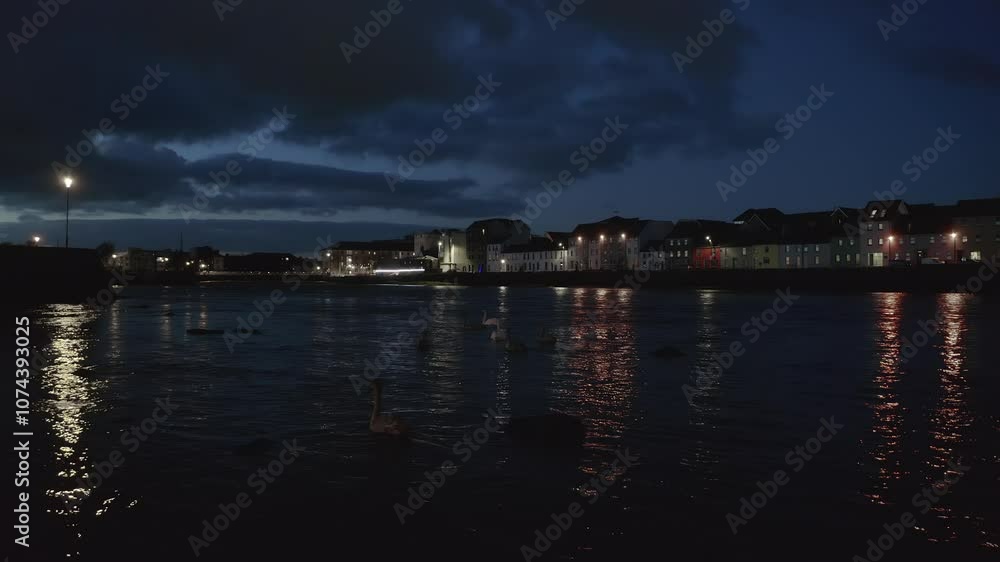 Night scene of swans gliding on Galway’s River Corrib. Ireland Night scene of swans gliding on Galway’s River Corrib. Ireland