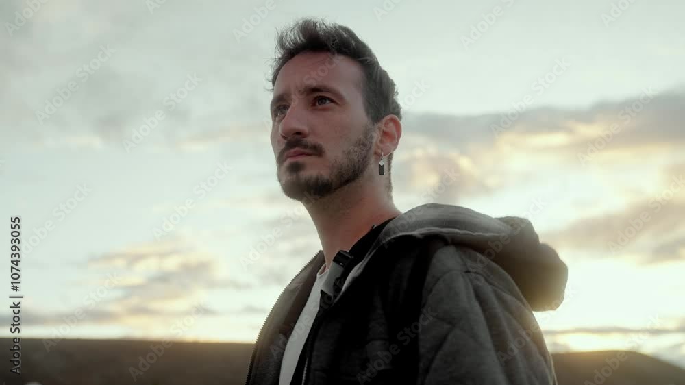 Video shot of a man looking around and an incredible sky in the background Video shot of a man looking around and an incredible sky in the background