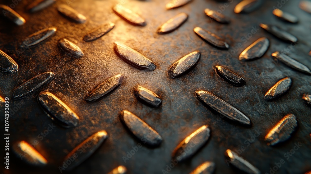 Close-up view of a 3D rendered diamond plate, brushed metal with fine grain, raised geometric diamonds casting soft shadows, subtle reflections Close-up view of a 3D rendered diamond plate, brushed metal with fine grain, raised geometric diamonds casting soft shadows, subtle reflections