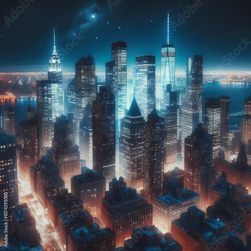 The image depicts the night skyline of New York City, featuring illuminated skyscrapers against a white background, showcasing the concept of cityscape and urban design template.