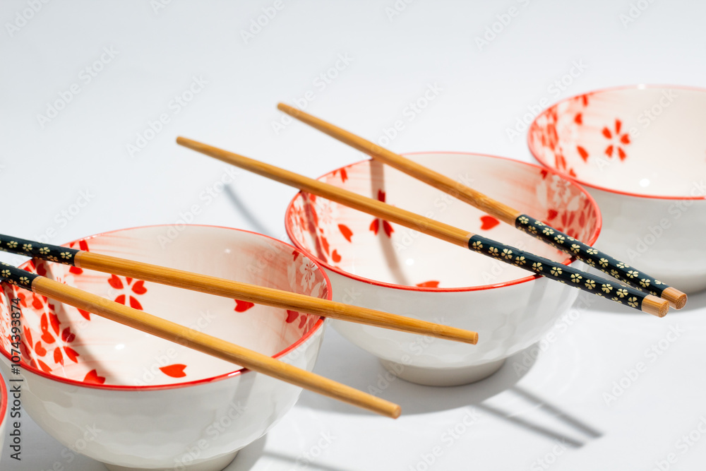 Floral pattern of chinese bowl and chopsticks on white background Floral pattern of chinese bowl and chopsticks on white background