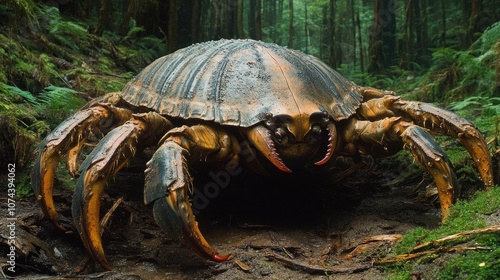 A arthropod crawls in the moist forest, large and long, with a thick, multi-segmented shell, looking like an animal from the prehistoric era. photo