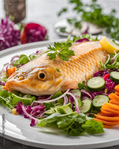 baked fish, dorado fish, oven baked, fresh vegetables, salad, plate, healthy meal, fish dish, seafood, grilled dorado, baked dorado, fresh fish, Mediterranean food, dinner plate, healthy eating, gourm