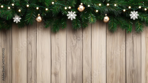 Christmas background with garland against a wooden background