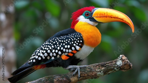 A hornbill with a long beak and bright colors, standing on a branch in a rainforest, with clear details of its beak and feathers. photo