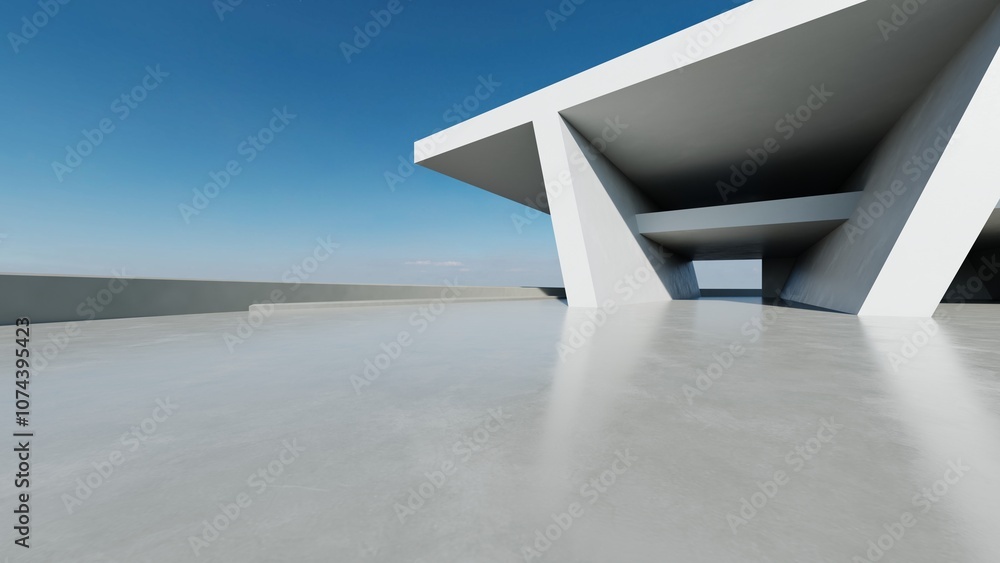 Obraz premium 3d render of abstract modern concrete white architecture with empty cement floor, minimal exterior, car presentation background