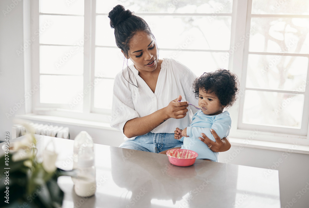 Mother, porridge and feed infant in home, breakfast and milk nutrition for healthy growth. Mama, daughter and support in child development for wellness, organic formula and love for kid with fiber Mother, porridge and feed infant in home, breakfast and milk nutrition for healthy growth. Mama, daughter and support in child development for wellness, organic formula and love for kid with fiber