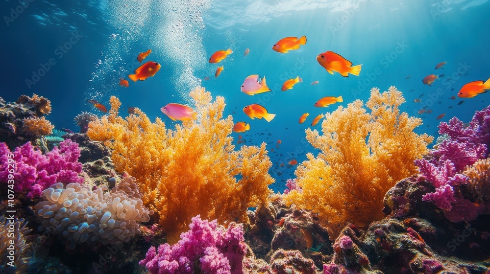 Obraz premium A school of Nemo fish in a beautiful coral reef, swimming around beautiful corals and colorful aquatic plants.