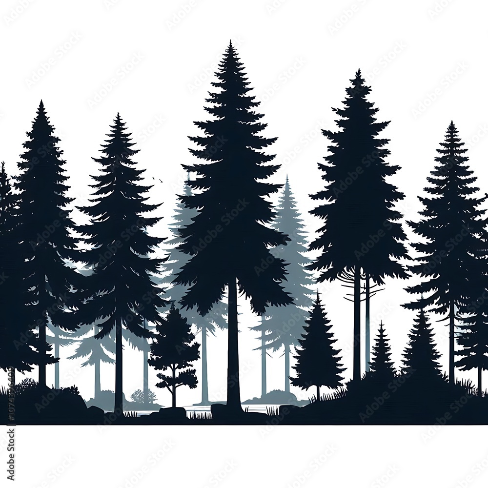 Obraz premium Silhouette of Evergreen Forest Trees on White Background. generator AI