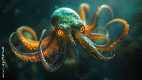 A squid hunts deep in the sea, its stretched tentacles and glowing eyes dimly visible in the light filtering through the water. photo