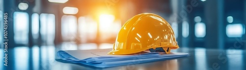 Construction project blueprint and hard hat on table, architectural design, engineering, site safety planning photo