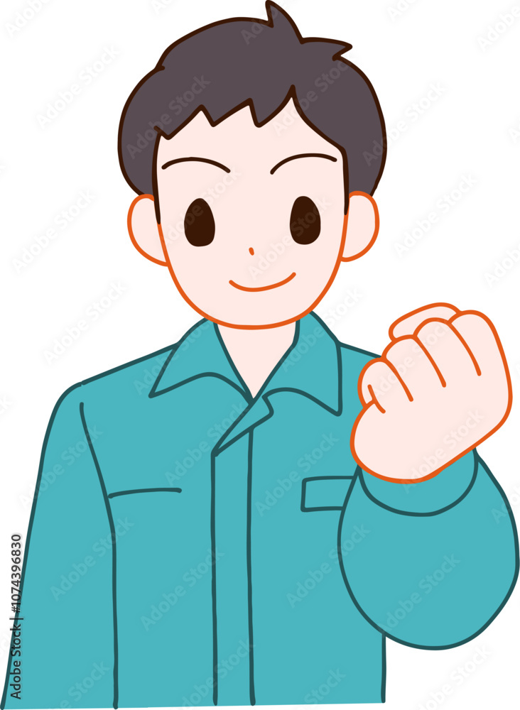 作業服を着たガッツポーズする笑顔のデフォルメ男性のイラスト
