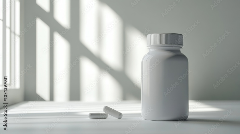 Minimalist white pill bottle with capsules on a table Minimalist white pill bottle with capsules on a table
