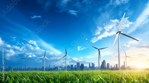 Wind turbines in a green field, clean energy and sustainable power for brighter future