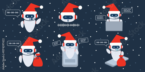 Set of Robot chatbot wishes Happy New Year and Christmas. Technology and AI content generator. Customer care.