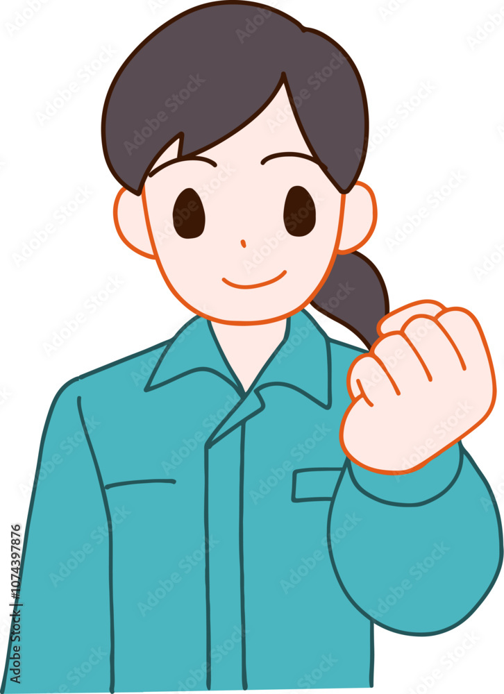 作業服を着たガッツポーズする笑顔のデフォルメ女性のイラスト