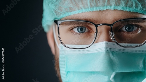 Healthcare professional in protective gear with focused gaze photo