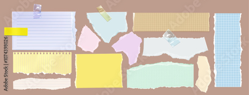 Collection of torn paper pieces with different patterns: lined, dotted, gridded and blank sheets in pastel colors. Adhesive tape fragments attach some scraps for scrapbooking or newspaper designs.