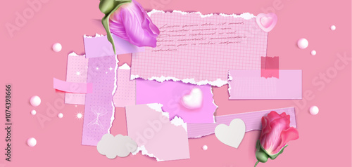 Romantic pink composition with ripped grid notepaper and dotted sheets. Decorated with blooming roses, white heart shapes and cloud elements. Scattered torn pieces for Valentine or wedding cards.