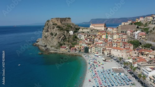 Aerial view of the central part of Scilla, sea, marina and beaches, Castello Ruffo di Scilla, Chiesa Madre dell' Immacolata on a summer sunny day, Reggio Calabria, Italy, Europe