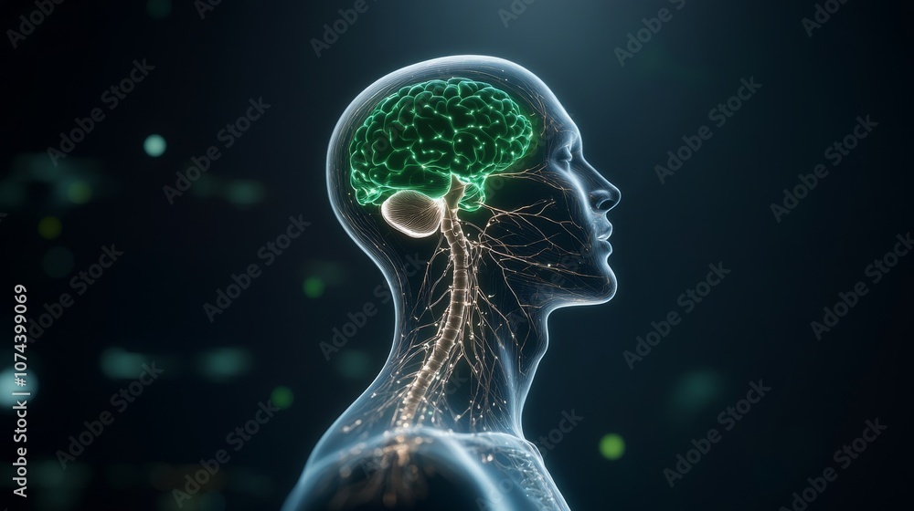 Conceptual illustration of the human brain and nervous system Conceptual illustration of the human brain and nervous system