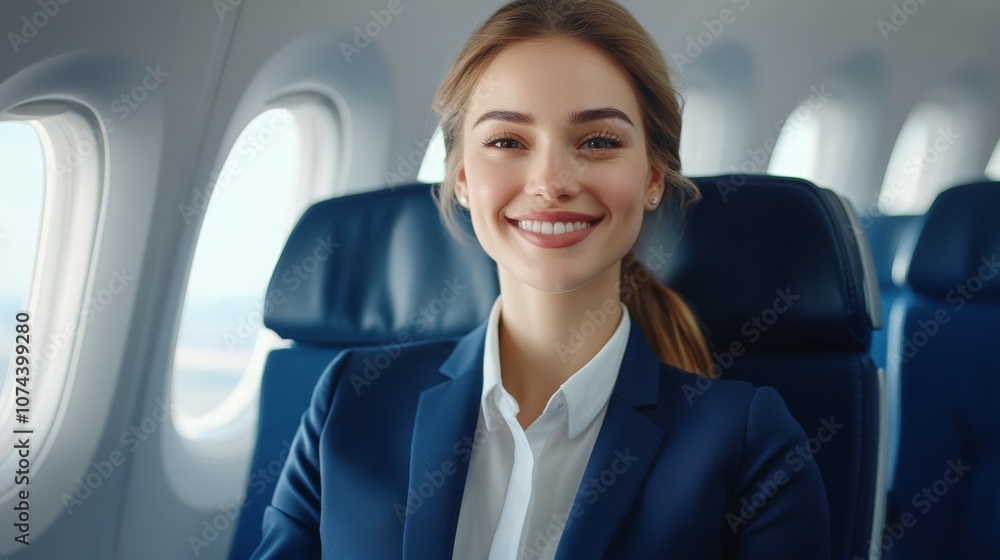 Businesswoman smiling on a plane during a flight Businesswoman smiling on a plane during a flight
