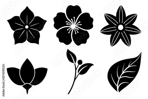 6 vector silhouette icon set of Clematis, Allium, Bougainvillea, Pansy, Snapdragon, Petunia