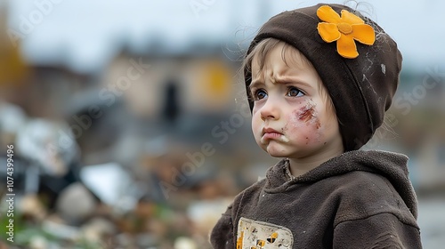 The child, with tear stained cheeks and tattered clothing, gazes solemnly at the remnants of what was once a bustling town in Ukraine, now reduced to rubble and ash by the ravages of war.