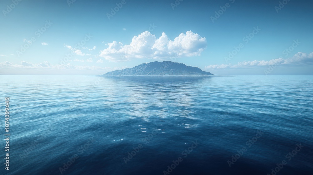 Serene island landscape with calm waters and gentle clouds. Serene island landscape with calm waters and gentle clouds.