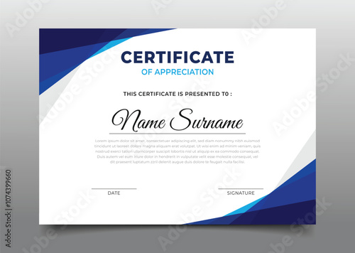 Business certificate template design with modern geometric blue gradient triangle overlapping border frame