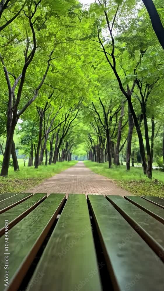A wooden bench sits in front of a tree-lined pathway in a park A wooden bench sits in front of a tree-lined pathway in a park