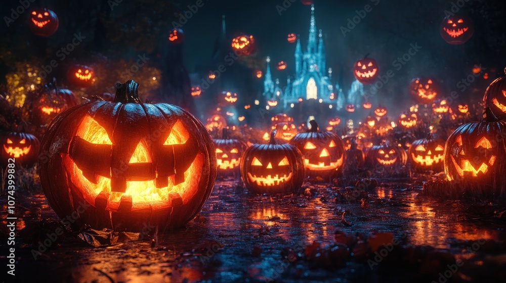 A spooky Halloween scene with glowing jack-o'-lanterns at night. A spooky Halloween scene with glowing jack-o'-lanterns at night.