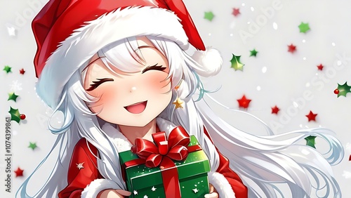 Joyful chibi anime girl with white hair wearing Santa hat holding Christmas present surrounded by colorful stars digital art illustration for festive holiday greeting cards and seasonal decorations