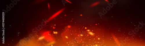 Fire sparks floating upward on dark background. Glowing orange embers with bright red streaks. Hot backdrop with burning particles and smoke elements with light effect. Realistic vector flame bg.